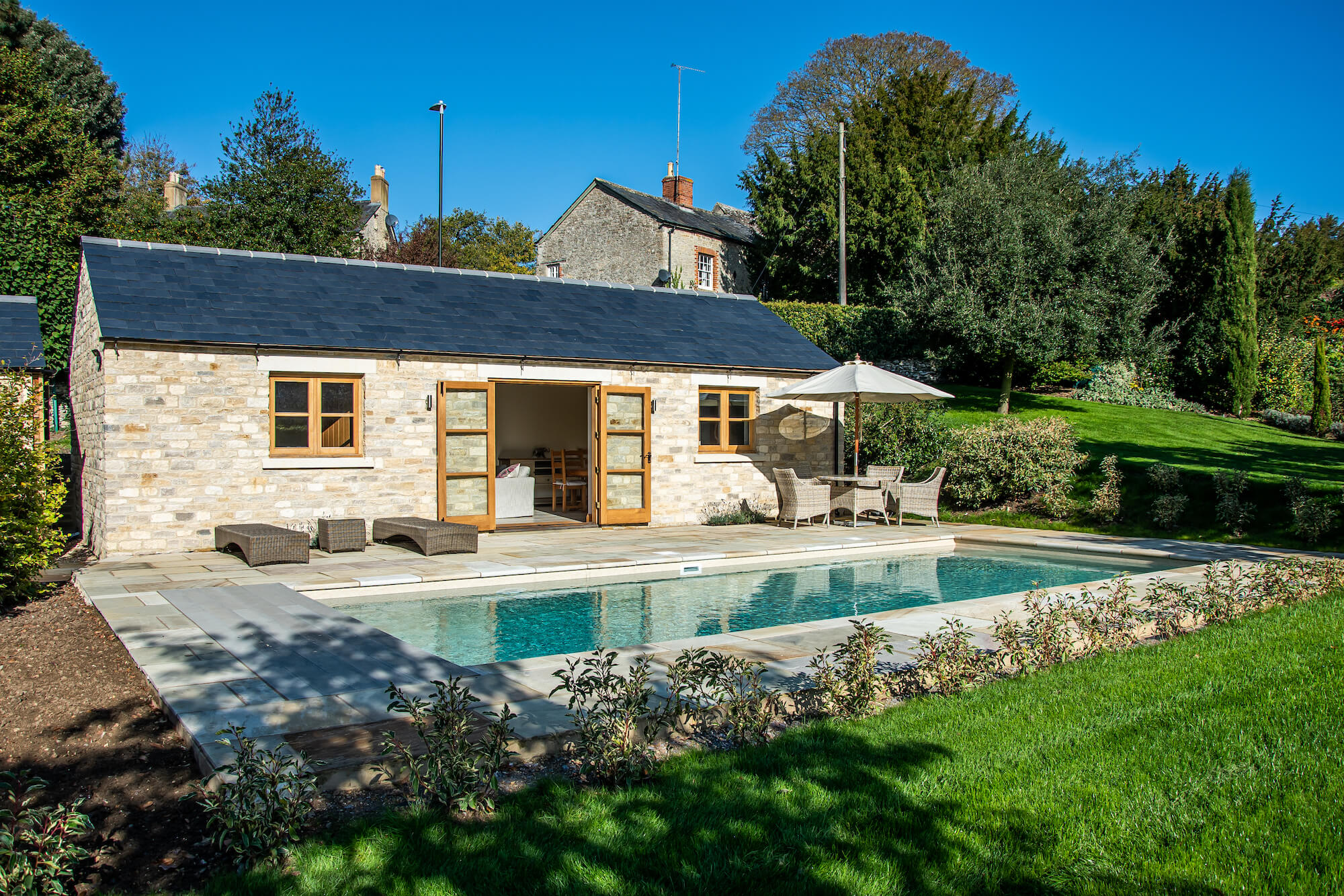 Home Pool and pool house after